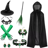 Halloween Witch Cos 8pcs Set Hooded Cape Witch Hat Broom Lace Mask Long Nail Gloves Accessories Gothic Carnival Party Cosplay