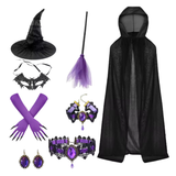 Halloween Witch Cos 8pcs Set Hooded Cape Witch Hat Broom Lace Mask Long Nail Gloves Accessories Gothic Carnival Party Cosplay