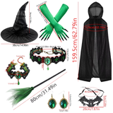 Halloween Witch Cos 8pcs Set Hooded Cape Witch Hat Broom Lace Mask Long Nail Gloves Accessories Gothic Carnival Party Cosplay